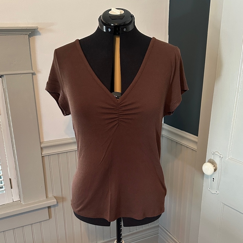 Brown Ruched V-Neck Women's Top